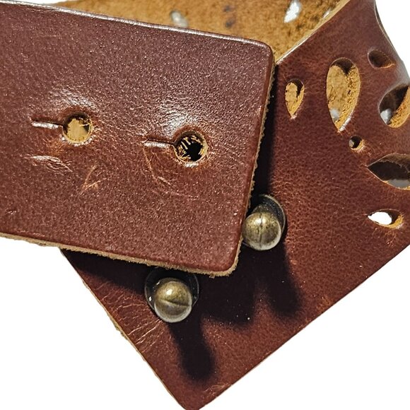 Vintage Brown Leather Floral Cut Out Bracelet Brass Cross Charms Spiritual Boho - Picture 6 of 8